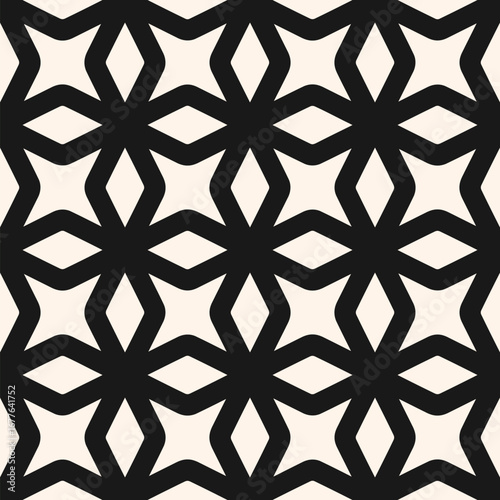Vector seamless pattern with geometric grid. Abstract monochrome texture with curved shapes, diamonds, crosses. Black and white minimal background. Modern repeat design for decor, textile, print, wrap