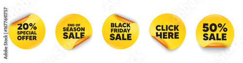 Discount sticker tag. 50 percent discount, Black friday paper price banners. 20 percent discount offer tag. Sale price promo sign. Special offer symbol. Click here sticker. Vector