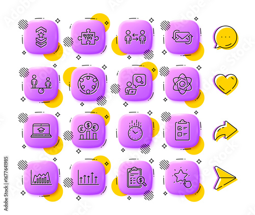 Checklist, Shoulder strap and Refresh mail line icons. App 3d buttons. Social media comment, share, like icons. Pack of Growth chart, Time, Inspect icon. Vector