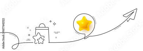 Loyalty points line icon. Continuous line with share plane. Bonus bags. Discount program symbol. 3d star in speech bubble. Loyalty points single line ribbon. Loop curve pattern. Vector