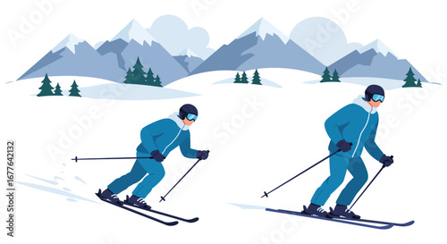 Two skiers skiing downhill on a snowy mountain with trees and mountains