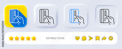 Credit card line icon. Neumorphic, Flat shadow, 3d buttons. Hold Banking Payment card sign. ATM service symbol. Line payment card icon. Social media icons. Vector