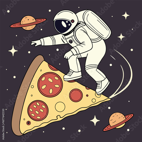 Whimsical astronaut joyfully surfs a delicious slice of pizza through the vast expanse of outer space a vibrant and imaginative cosmic adventure