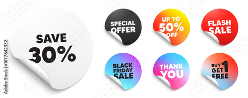 Discount sticker tag. Special offer paper price tags. Save 30 percent off tag. Sale Discount offer price sign. Special offer symbol. Discount, black friday sticker. Promo banner. Vector