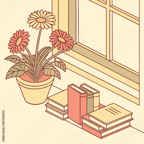 A vibrant illustration of a sunny windowsill garden filled with colorful potted gerbera daisies showcasing a cheerful and natural botanical scene
