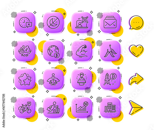 5g statistics, Brand ambassador and Travel delay line icons. App 3d buttons. Social media comment, share, like icons. Pack of Strong arm, Time, Bitcoin project icon. Vector