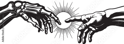Skeleton Hand and Human Hand Reaching Towards a Sun Symbol touching connection