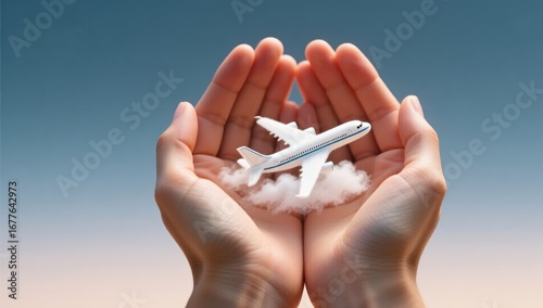 Protecting air travel airplane in hands over clouds conceptual art calm environment