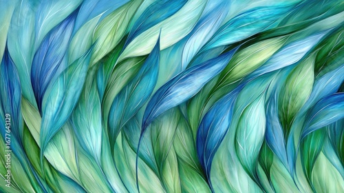 Abstract Watercolor Painting of Flowing Blue and Green Leaves