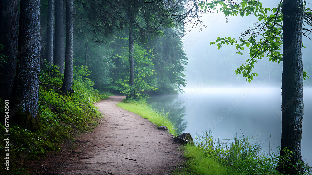 Fototapeta premium Calm river path through dense forest with mist and mountain backdrop high resolution picture.