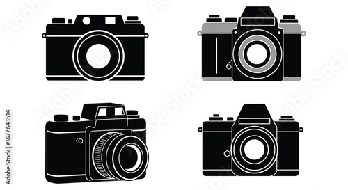 Collection of Classic Cameras in Black and White Vector Illustration Set