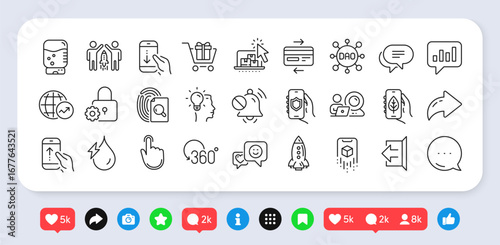 Text message, Sign out and Lock line icons pack. Social media: share, comment, like icons. Partnership, Hand click, Security app web icon. Vector