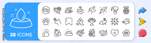 Fishing, Fish school and Pet tags line icons. Interest rate, AI generate, Inflation icons. Pack of Dog leash, Stop fishing, Veterinary clinic icon. Feather, Dog feeding, Pet friendly pictogram. Vector