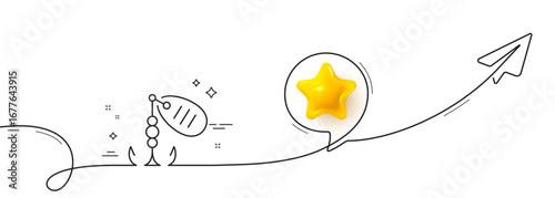 Fishing lure line icon. Continuous line with share plane. Spinning bait sign. Catching fish symbol. 3d star in speech bubble. Fishing lure single line ribbon. Loop curve pattern. Vector