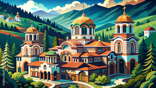 The Rila Monastery in Bulgaria rests in mountain forests, its colorful frescoes, striped arcades, and stone towers representing centuries of Orthodox Christian devotion and artistry.