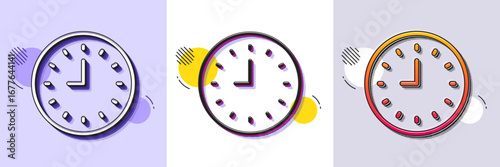 Clock line icon. Halftone dotted pattern. Gradient icon with grain shadow. Time sign. Office Watch or Timer symbol. Line clock icon. Various designs. Vector