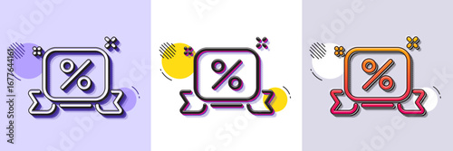 Discounts ribbon line icon. Halftone dotted pattern. Gradient icon with grain shadow. Sale offer sign. Promotion price symbol. Line discounts ribbon icon. Various designs. Vector