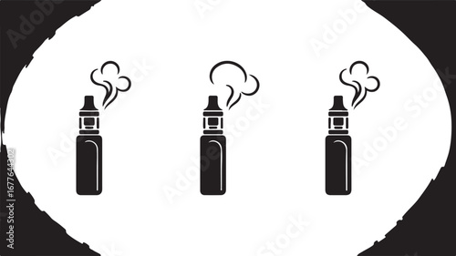 Three Black Icons of Vaping Devices Emitting Smoke Clouds on White Background vape e-cigarette