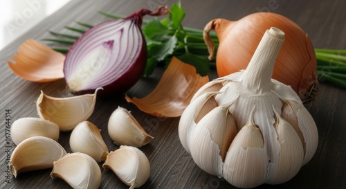 Fresh garlic and onions arranged artfully on a rustic wooden surface, ready for culinary inspiration