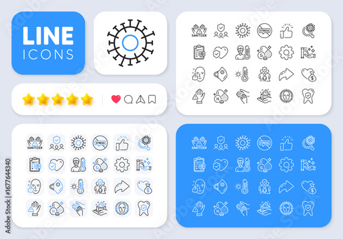 Healthy face, Skin care and Family insurance line icons for web app. Message, Share, Like social media icons. Pack of People insurance, Weather thermometer, Coronavirus pictogram icons. Vector