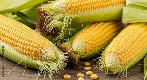 Freshly harvested golden corn cobs with vibrant green husks on rustic wooden surface