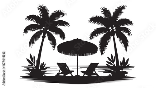 Tropical Beach Scene Silhouette with Palm Trees and Lounge Chairs umbrella