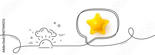 Sunset line icon. Continuous line with 3d star. Evening sun sign. Sunny weather symbol. 3d star in speech bubble. Sunset single line ribbon. Loop curve pattern. Vector