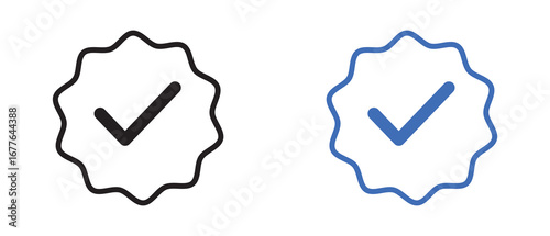 Blue tick verified badge icon set. Social media official account tick symbol 