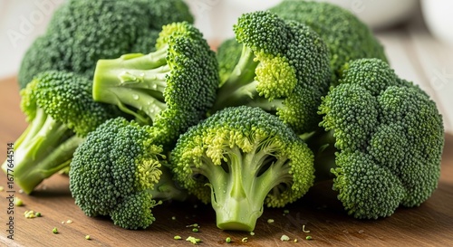 Fresh, vibrant broccoli florets glistening with water droplets on a rustic wooden surface