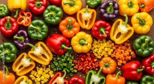 Vibrant assortment of fresh bell peppers, whole and chopped, showcasing a healthy, colorful culinary experience.