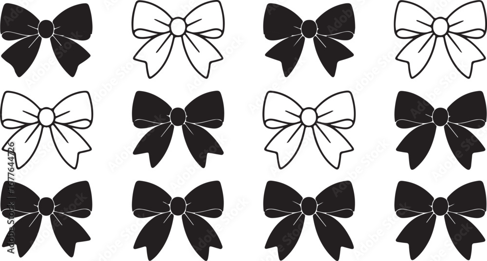 Obraz premium Twelve Bow Graphics in Black and White Outline and Solid Fill Styles ribbon gift