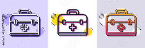 First aid kit line icon. Halftone dotted pattern. Gradient icon with grain shadow. Medical case sign. Line first aid icon. Various designs. Vector
