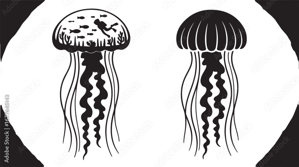 Fototapeta premium Two Jellyfish Silhouettes One with Diver and Fish sea creature marine life