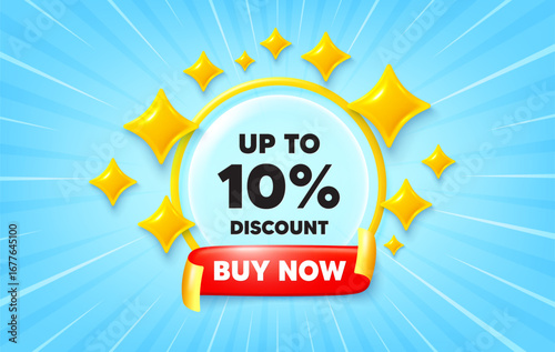 Discount tag sunburst ray banner. Buy now flag ribbon. Up to 10 percent discount tag. Sale offer price sign. Special offer symbol. Save 10 percentages. 3d stars glitter. Red ribbon tag. Vector