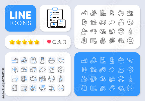 Calendar tax, Donation and Heart line icons for web app. Message, Share, Like social media icons. Pack of Fake news, Winner cup, Inspect pictogram icons. Vector