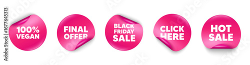 Vegan food sticker tag. Click here, Black friday paper price banners. 100 percent vegan tag. Organic bio food sign. Vegetarian product symbol. Hot sale sticker. Promo banners. Vector