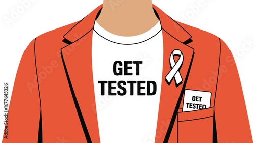 Orange blazer with a get tested t shirt and ribbon promoting health awareness and medical check ups now today