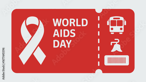 Red ticket with world aids day text, ribbon, bus, bellhop hat, and comb icons on a white background