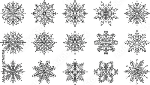 Elegant hand-drawn snowflake designs, intricate winter vector patterns, detailed symmetrical shapes, decorative black and white illustrations, perfect for 