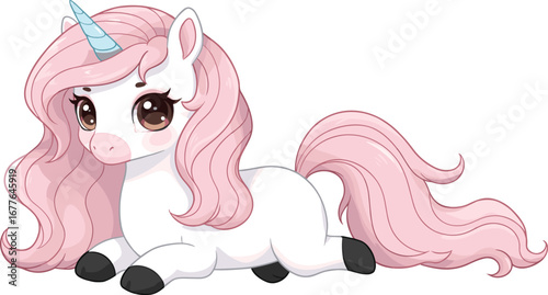 Adorable cartoon unicorn with pink hair, big eyes, magical fantasy creature, cute animal illustration, fairytale character, kawaii style, vector design