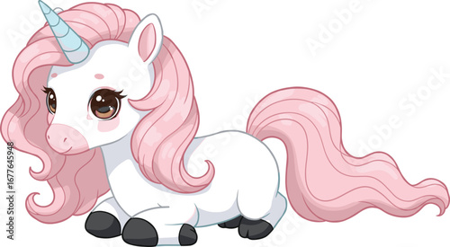 Adorable kawaii unicorn cartoon illustration with pink hair, magical fantasy animal character, cute vector artwork, fairytale design, pastel colors, children’s theme