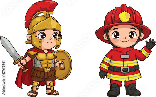 Cartoon illustration of cute roman soldier in ancient armor with sword and shield and firefighter boy in red uniform costume character