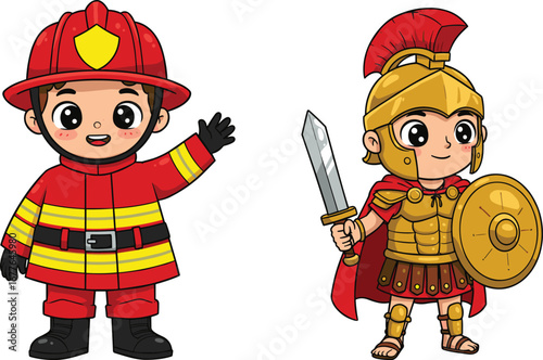 Cartoon firefighter boy in uniform and cute Roman soldier with sword and shield, kids costume illustration, historical and modern professions drawing