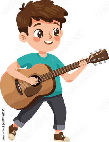 Cartoon illustration of happy boy playing acoustic guitar, smiling child musician with casual clothes performing music, fun kids character design art