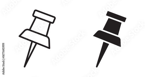 Push pin icon set. Linear and silhouette style. 