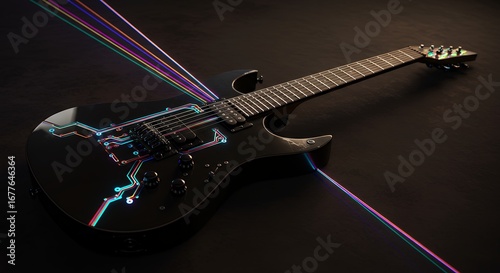 Stylish black electric guitar with light effects