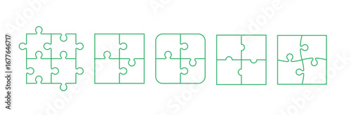 set of black geometric puzzle silhouette elements, kids puzzle game  set made of lines and shapes, jigsaw vector illustration on white background, design for card, invitation, wallpaper, poster	