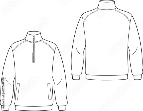 Quarter zip pullover sweatshirt flat sketch, front and back view, long sleeve, high neck, vector cad drawing, fashion design template
