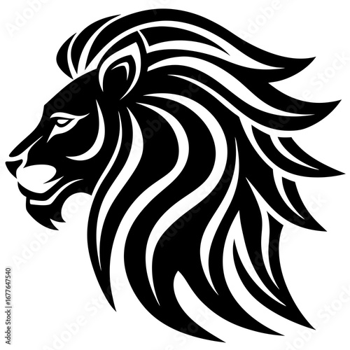 Stylized black lion head profile with flowing mane and fierce expression on white background