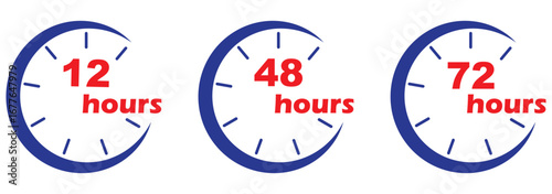 Black and white clock icons showing 7, 12, 24, 48, and 72 hour turnaround times. Watch and stopwatch, clock and alarm. Fast delivery and shipping stickers. Vector illustrations. Eps 10 